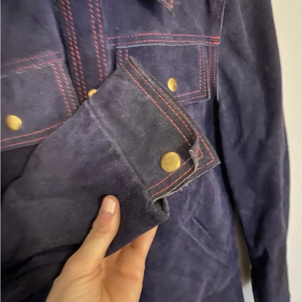 Vintage Navy Blue Suede Leather Men’s Jacket Leathercraft Jacket Front Button